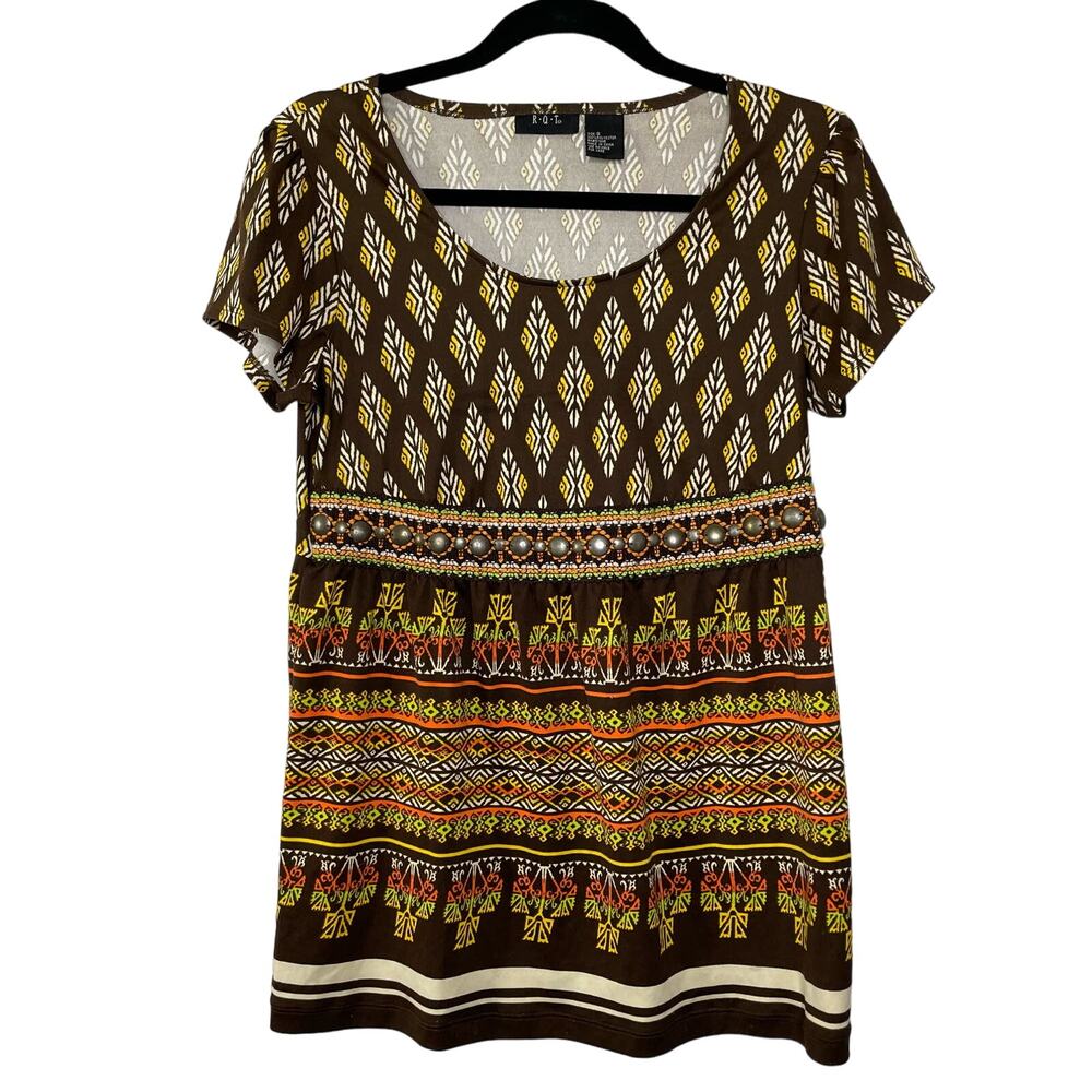 RQT Women S Boho Short Sleeve Shirt Tunic Top Blouse Embellished Beaded Festival